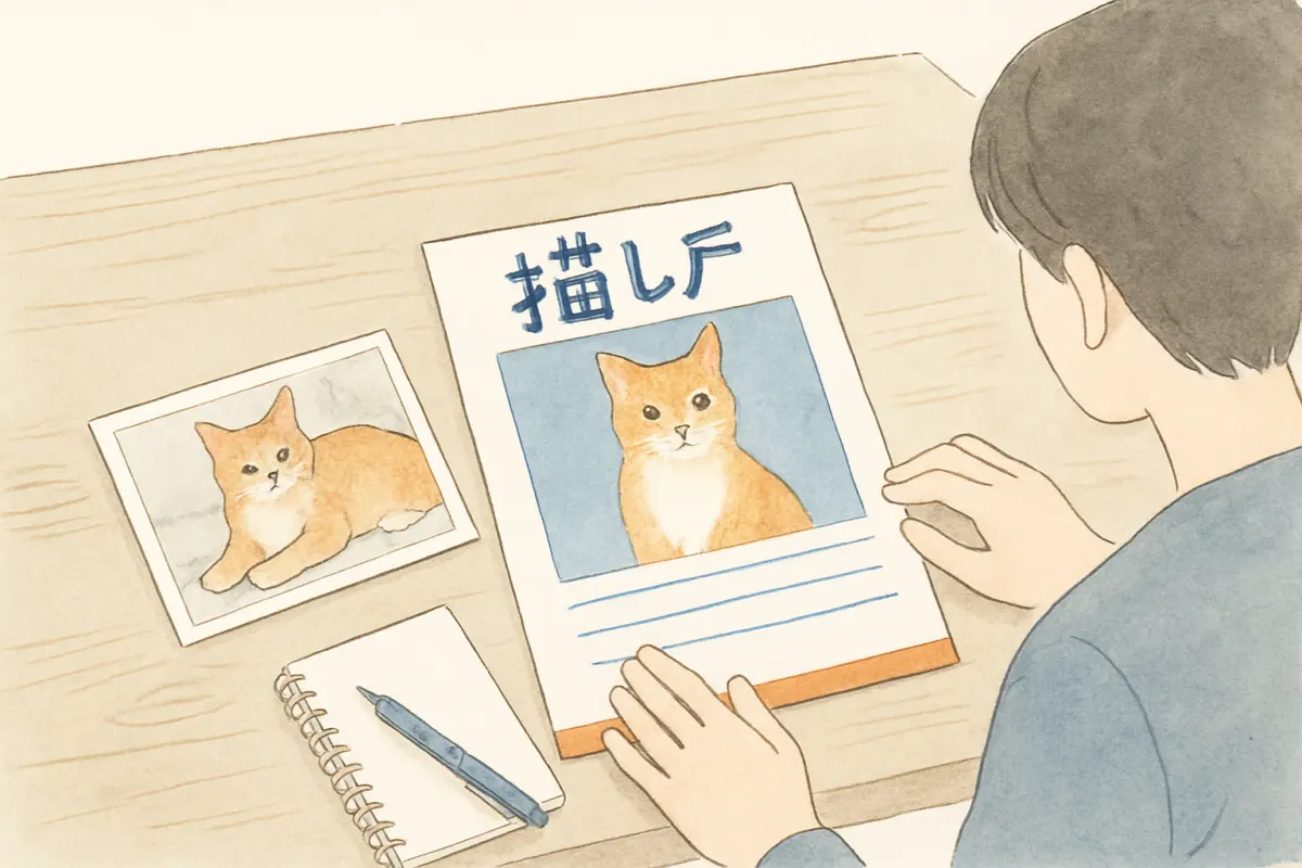猫の写真と情報をまとめた迷子チラシの準備