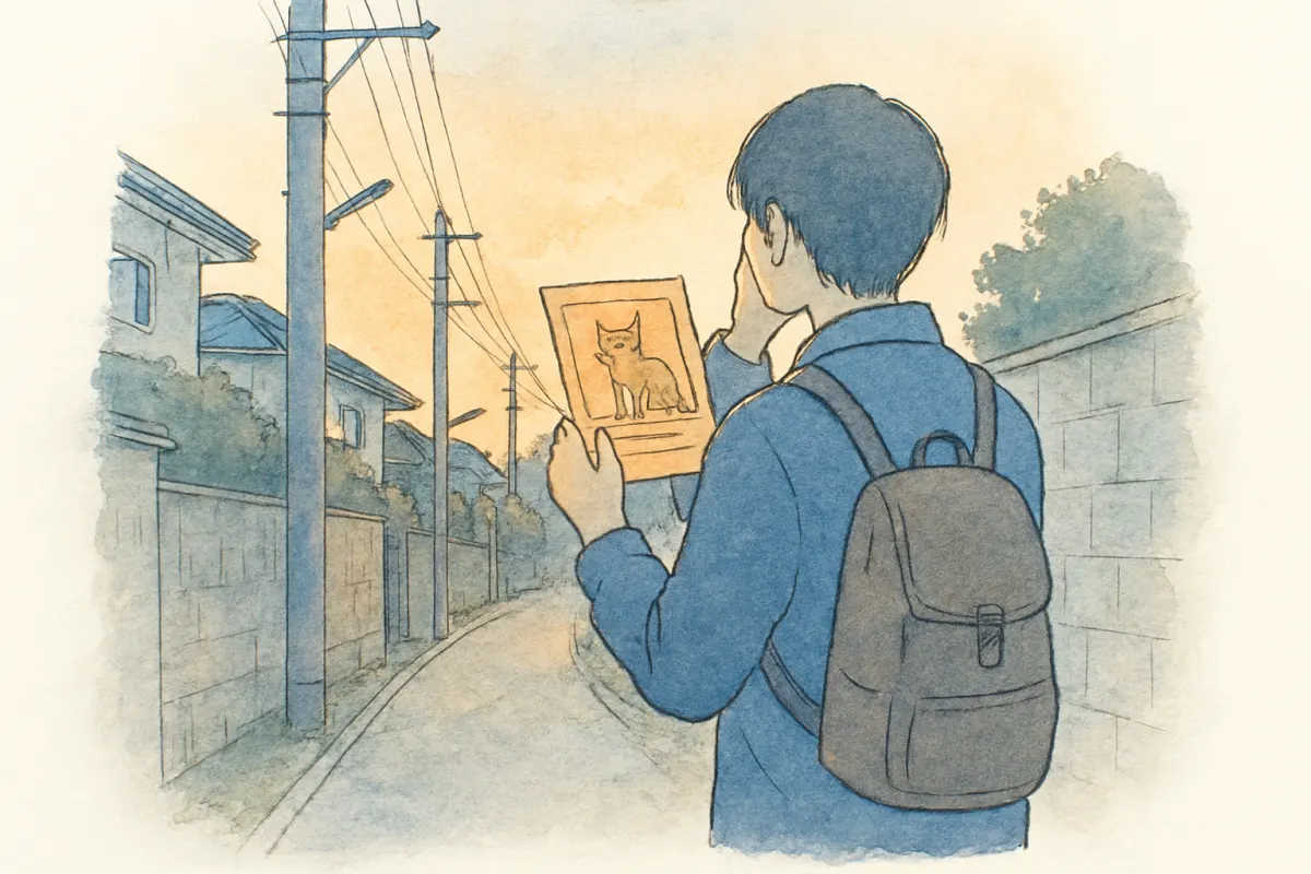 夕暮れの住宅街で迷子猫のチラシを手に路地を見回す人の後ろ姿