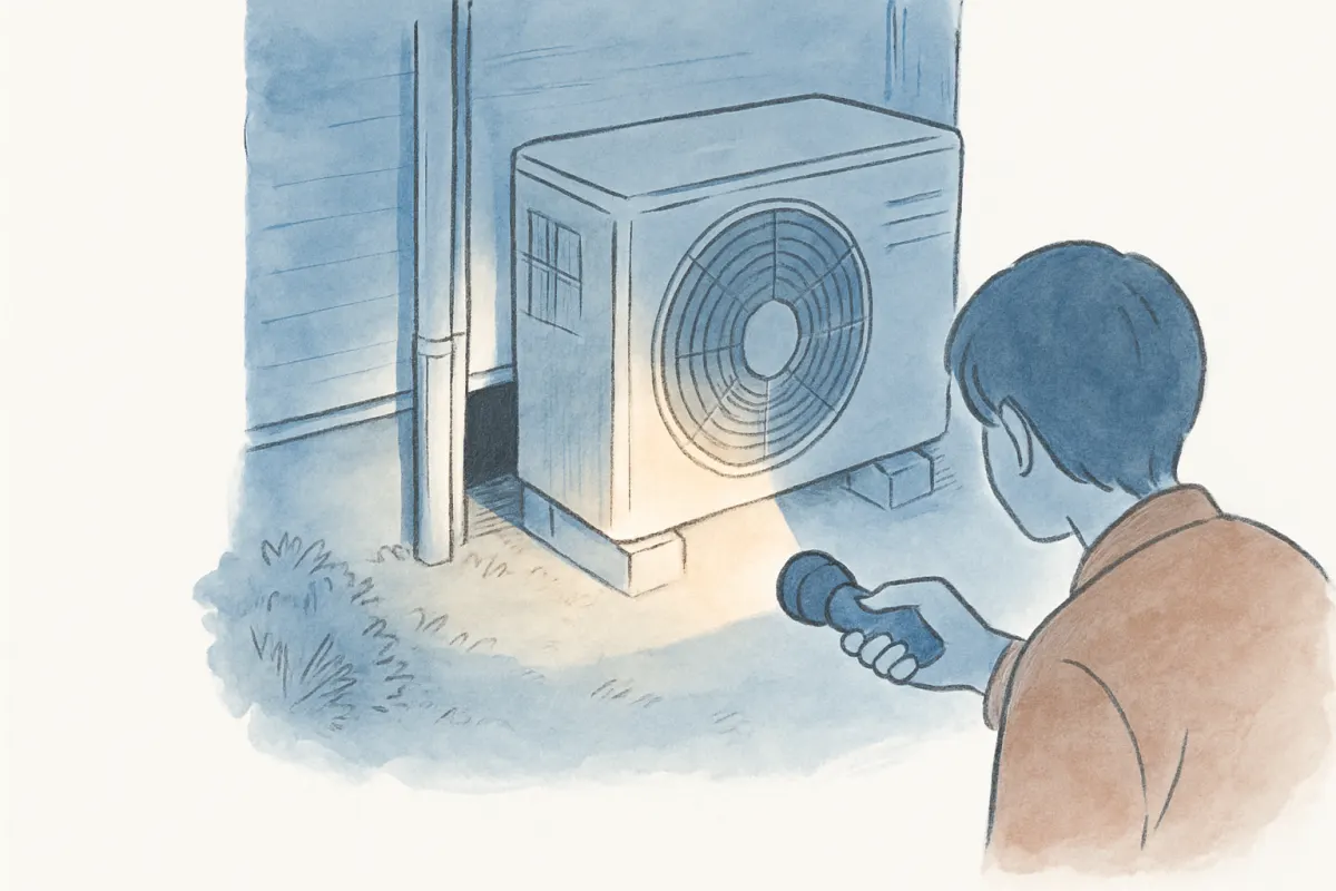 室外機の裏の隙間を懐中電灯で照らして猫を探す様子