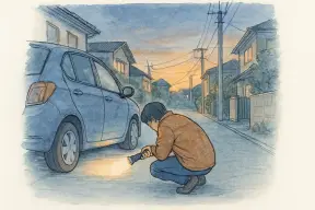 夕暮れの住宅街でしゃがんで車の下をのぞき込む人の後ろ姿