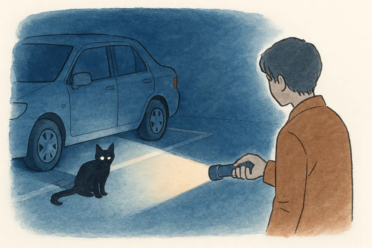 夜間に懐中電灯の光で目が光る車の下の猫