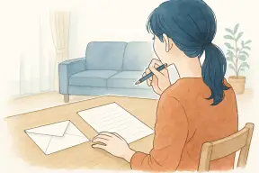 テーブルの上の封筒と便箋を前に考える女性の手元