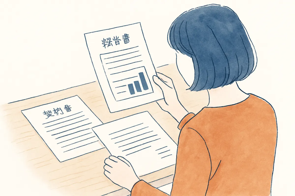 調査報告書と契約書類をテーブルに並べて確認する様子