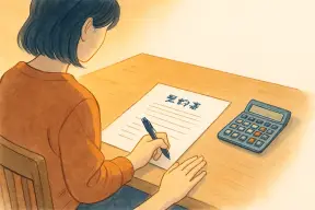 テーブルで調査の契約書類と電卓を前に考える女性の手元