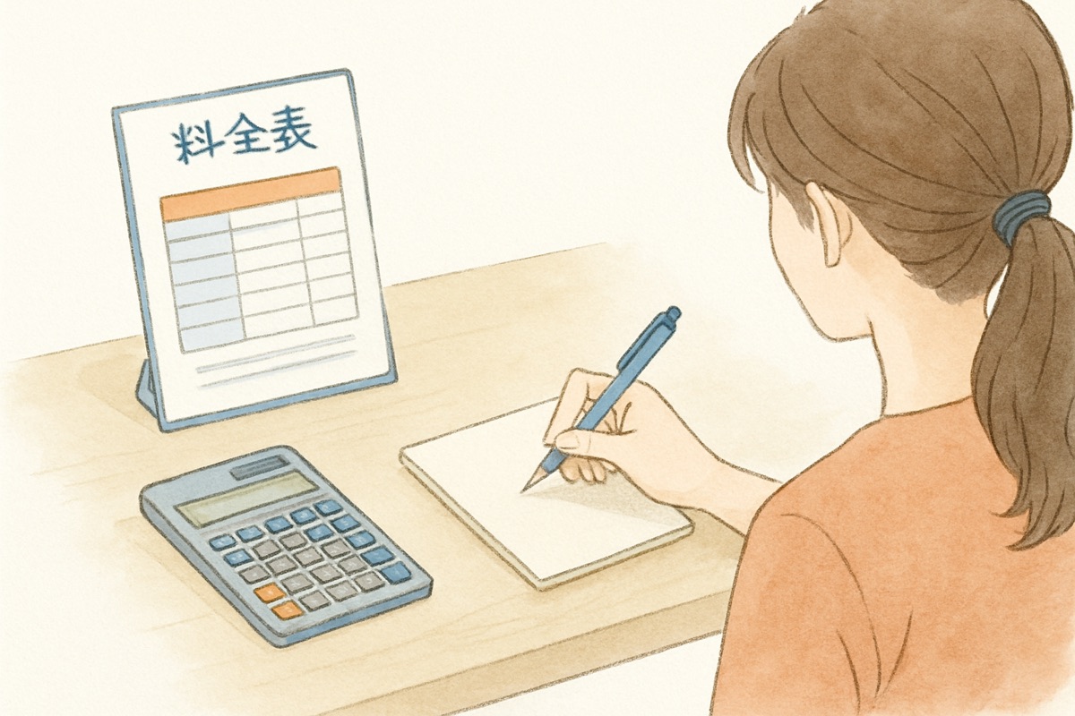 探偵の料金の内訳をメモしながら確かめる手元