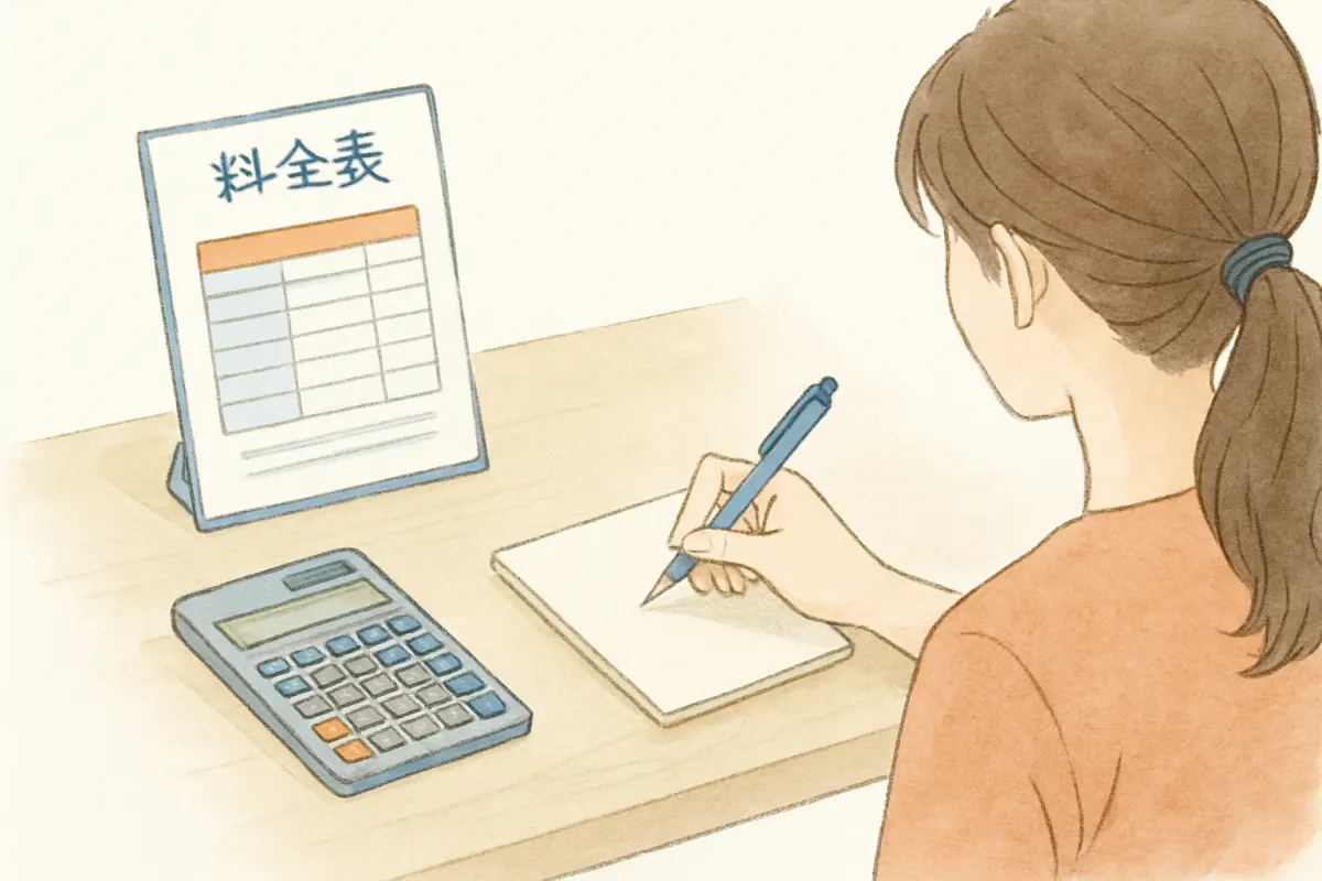 探偵の料金の内訳をメモしながら確かめる手元