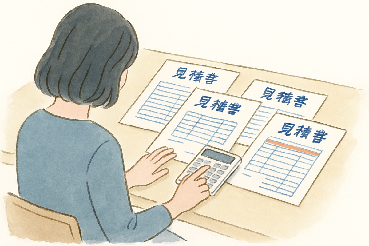 机の上で複数の見積書を並べて電卓を確かめる女性の手元