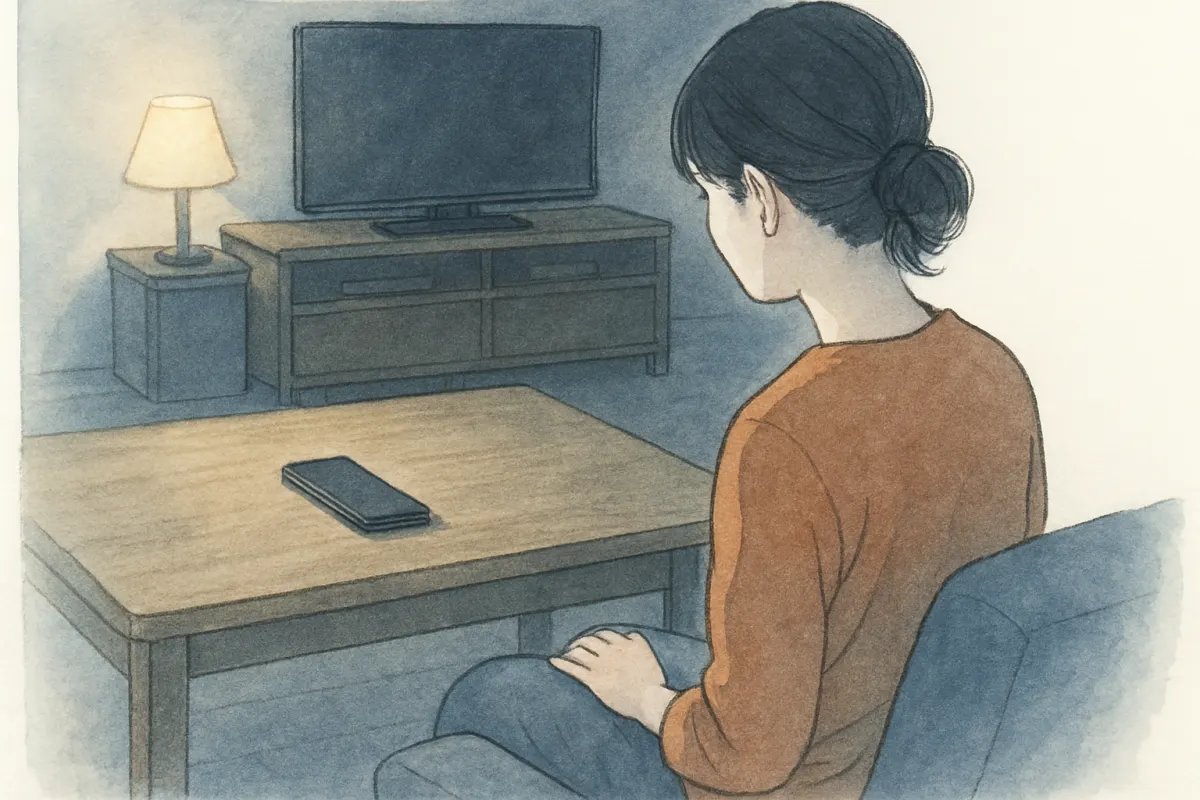 伏せて置かれた夫のスマホと距離を置いて見つめる後ろ姿