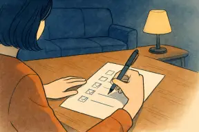 リビングのテーブルでチェックリストの紙にペンで印をつける女性の手元