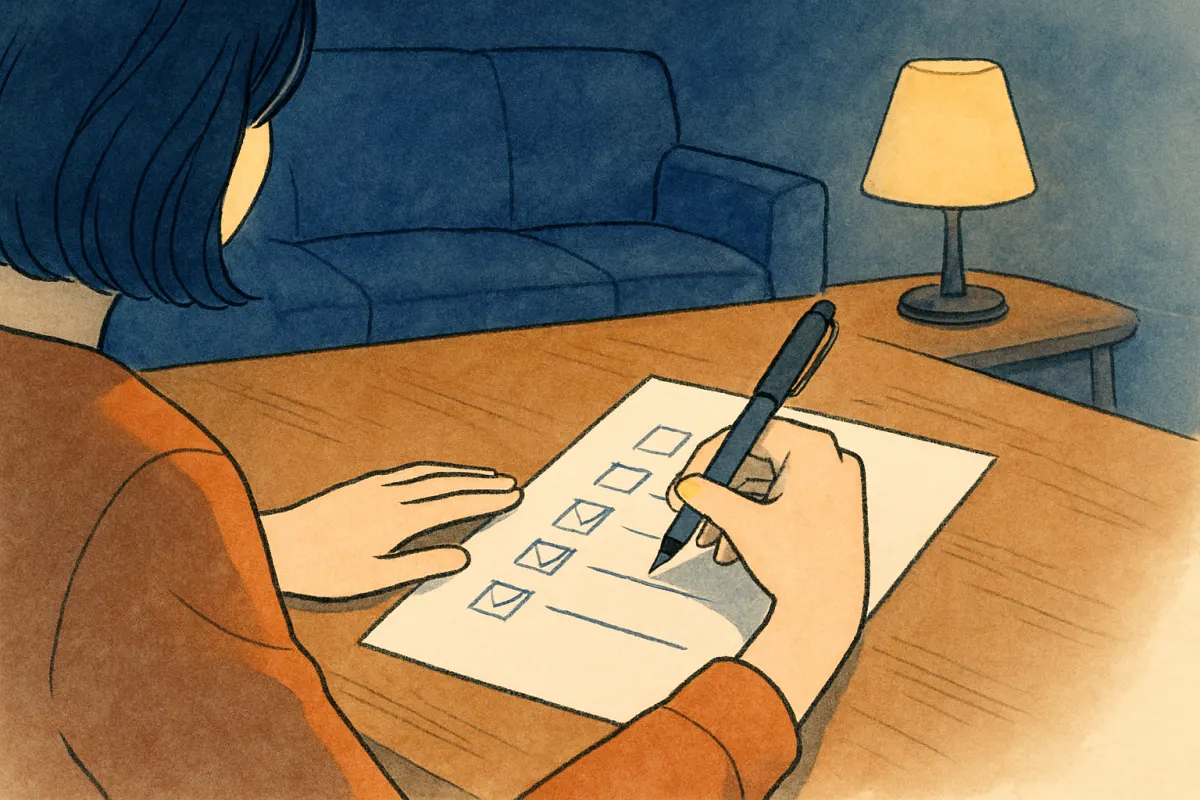 リビングのテーブルでチェックリストの紙にペンで印をつける女性の手元