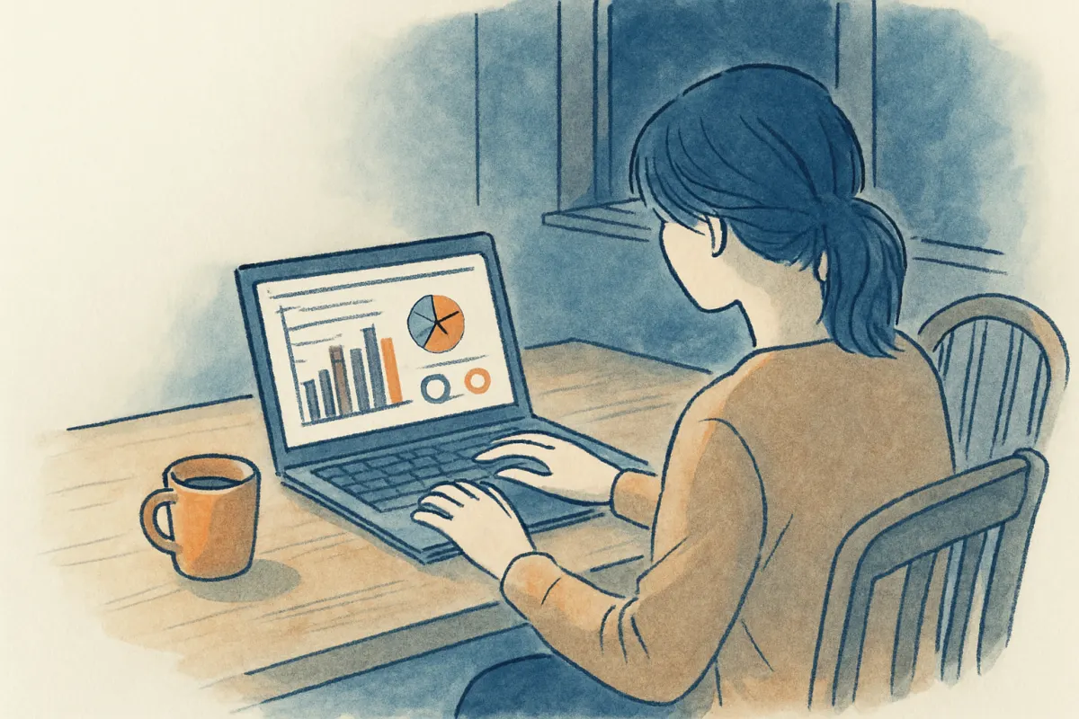 夜のダイニングでノートパソコンの統計グラフを見つめる女性の手元