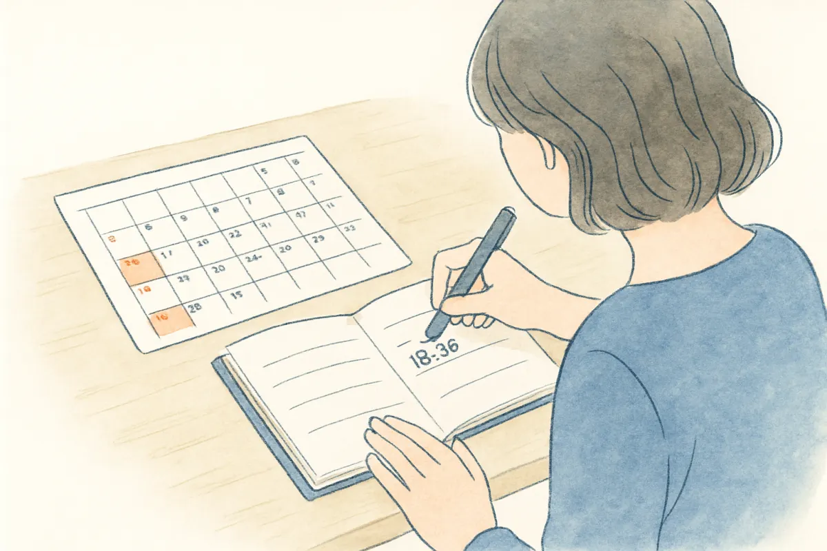 調査日を絞るために帰宅時間の変化を手帳に記録する手元