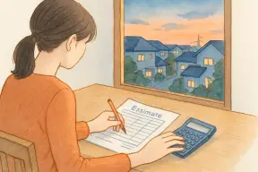 夕暮れの千葉の住宅街を背景に、テーブルで見積書と電卓を確認する女性の手元