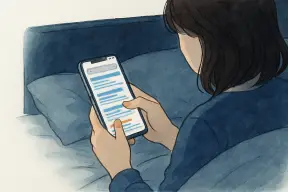 夜のベッドでスマホの検索画面をスクロールする女性の手元