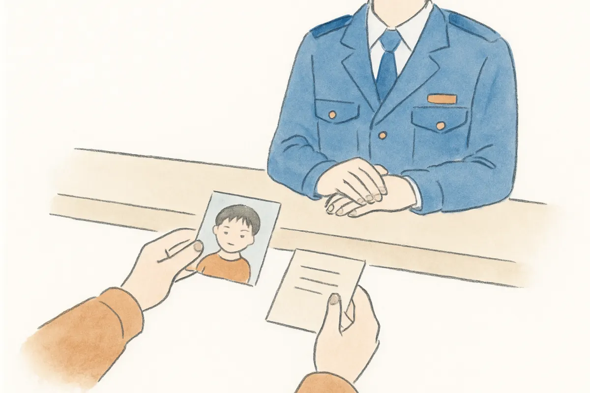 警察に子どもの写真を添えて行方不明者届を出す様子
