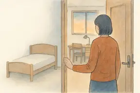 夕暮れの子ども部屋の入り口で空のベッドを見つめる母親