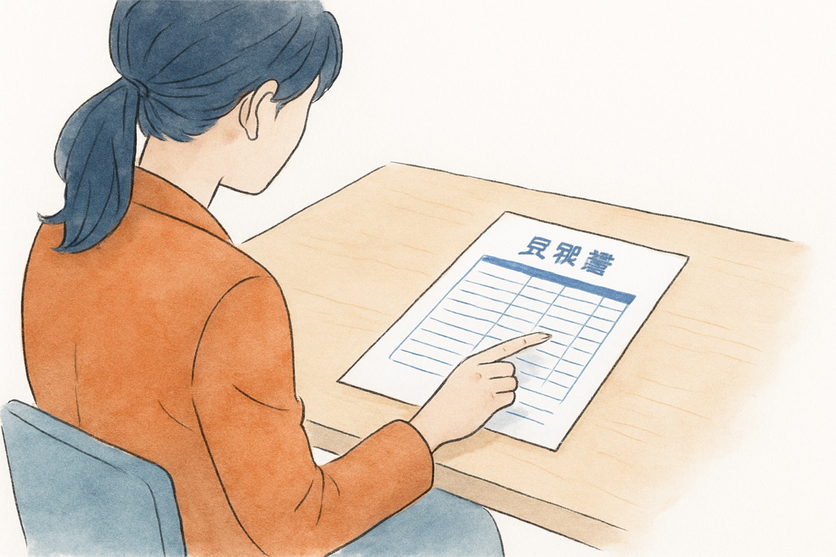 相談室のテーブルで見積書を確認する女性の手元