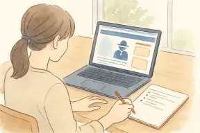 ノートパソコンで探偵社のサイトを見比べながらノートに書き出す女性の手元