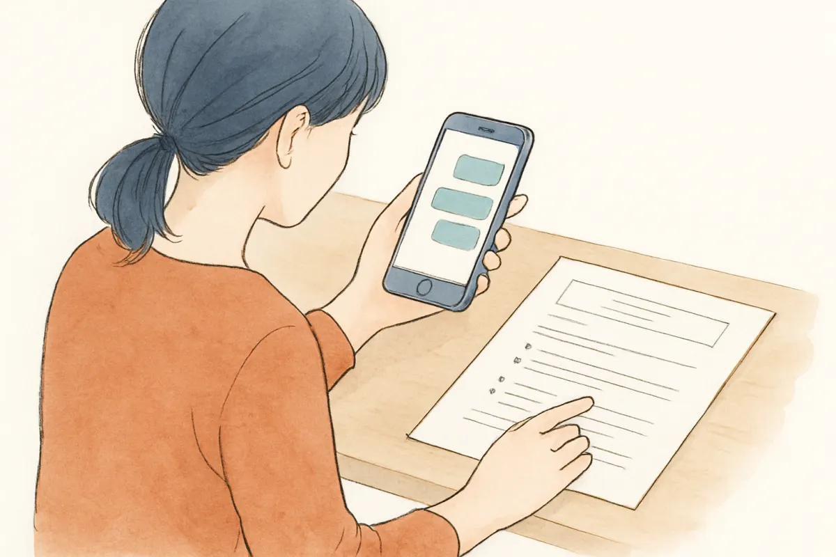 トーク画面と書類を並べて証拠を整理する様子