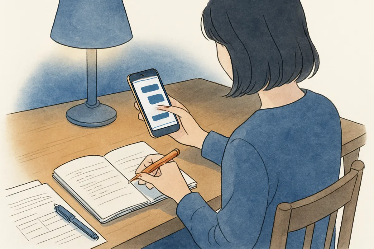 夜にスマホの画面を見ながらノートへ時系列を書き出す女性の手元