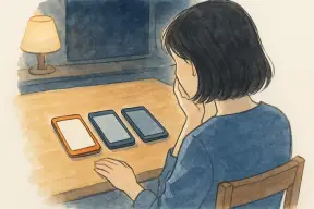テーブルに置かれた2台のスマートフォンを見つめる女性の手元
