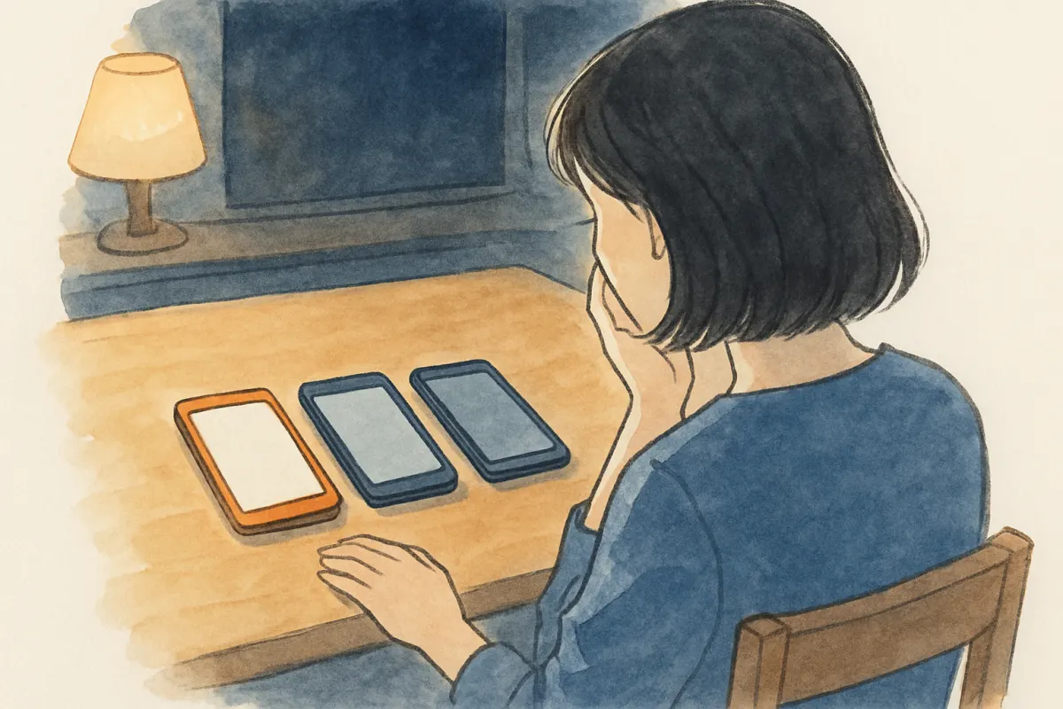 テーブルに置かれた2台のスマートフォンを見つめる女性の手元