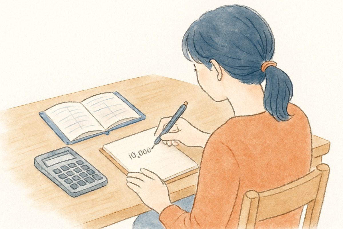 電卓と手帳を前に、金額をノートに書き出して考える女性の手元