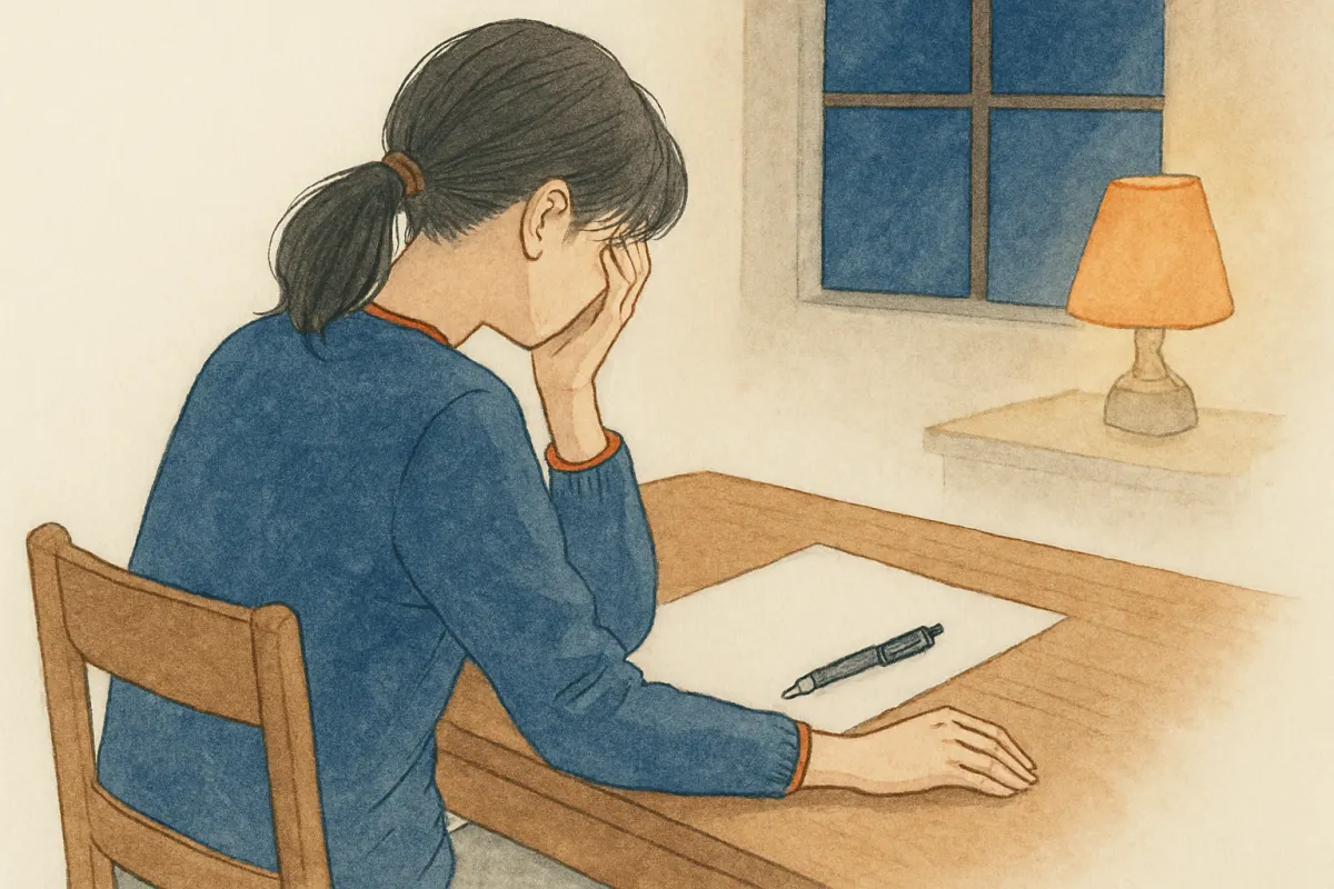 何も書けていない紙を前に証拠のなさに悩む様子