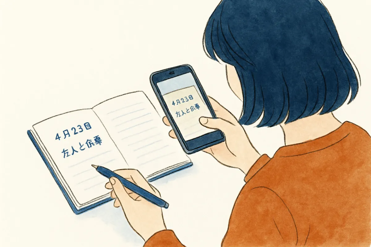 日付つきのメモとスマホで記録を積み上げる様子