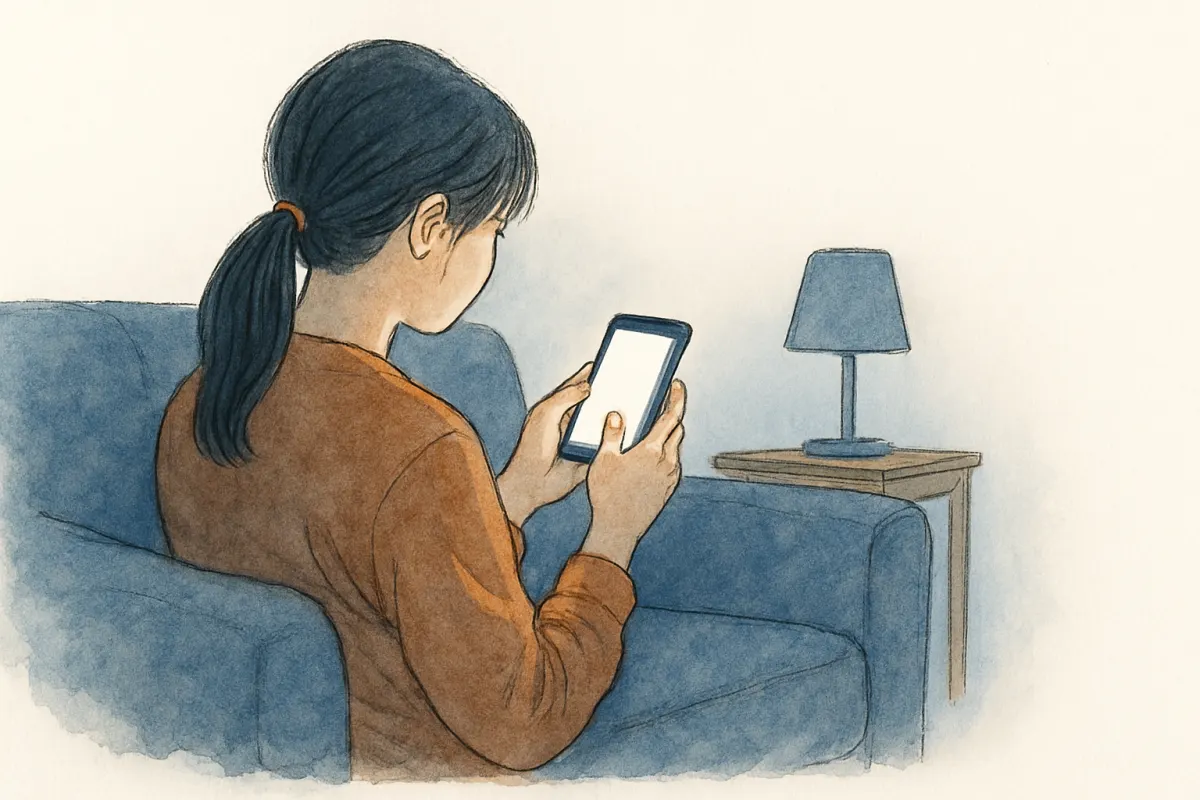 深夜のリビングでスマホを握りしめて考え込む女性の手元