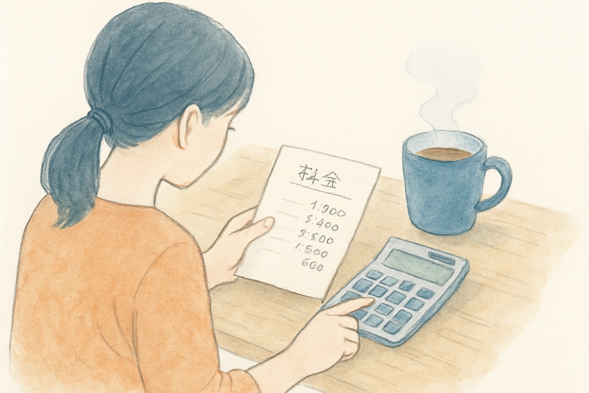 テーブルの上で電卓と料金メモを見比べる女性の手元