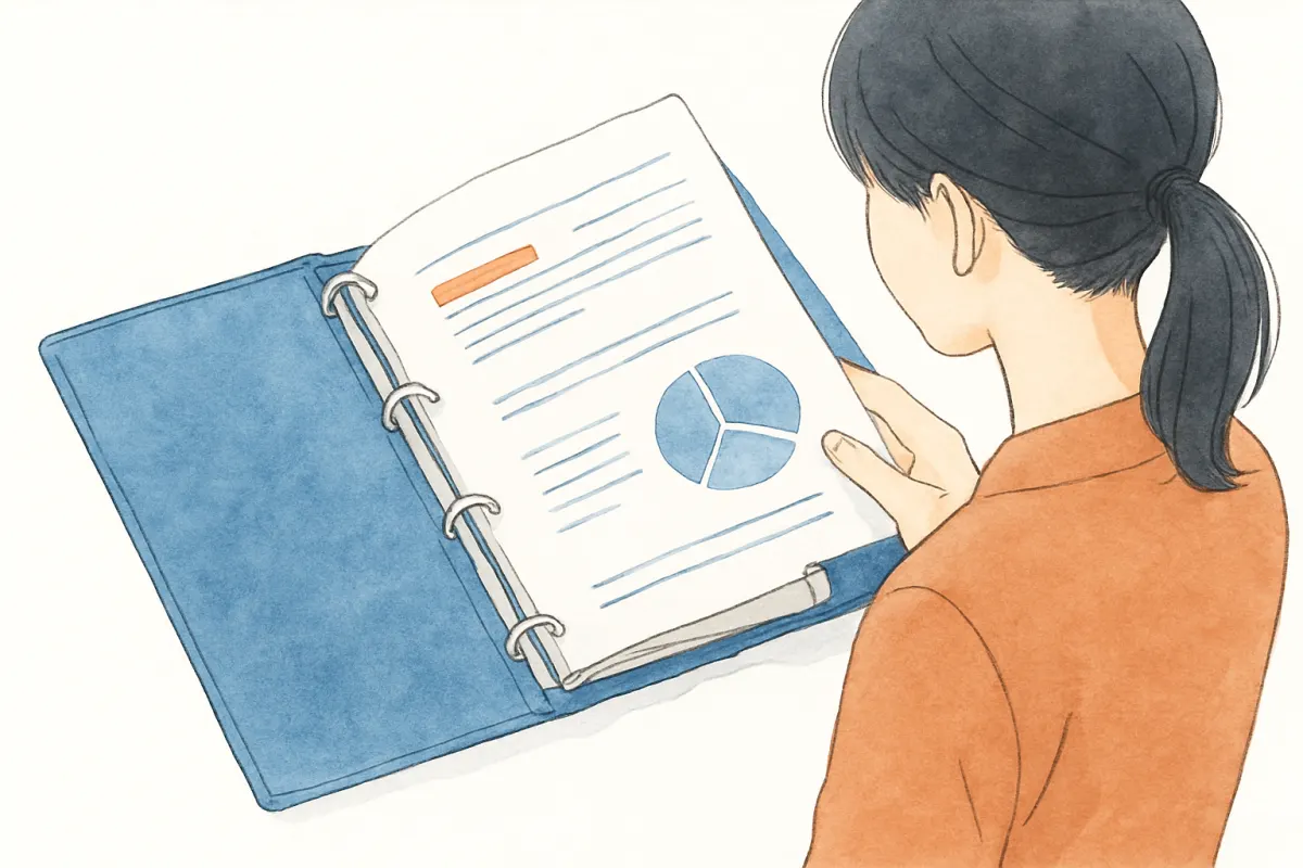 ファイルにとじた報告書を確認する女性の手元