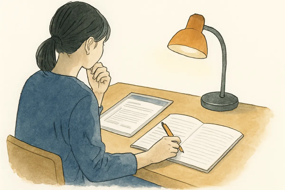 夜のデスクで書類とペンを前に考え込む女性の手元