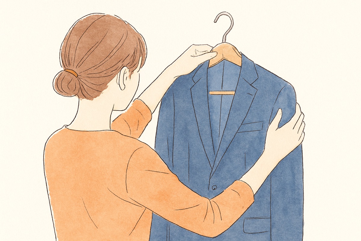 夫のスーツを手に取り違和感を覚える女性の手元