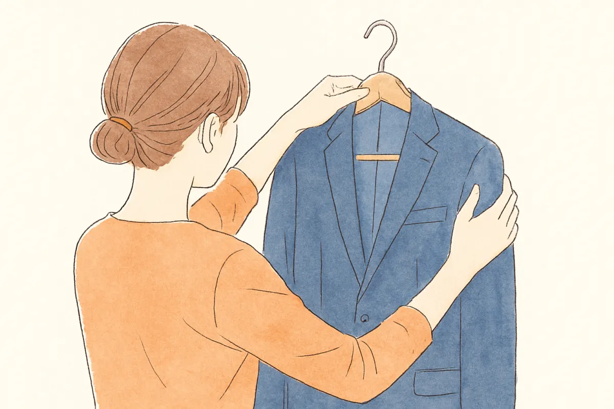 夫のスーツを手に取り違和感を覚える女性の手元