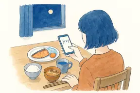 夜のリビングで帰宅の遅い夫を待ちながらスマホを見る女性の手元