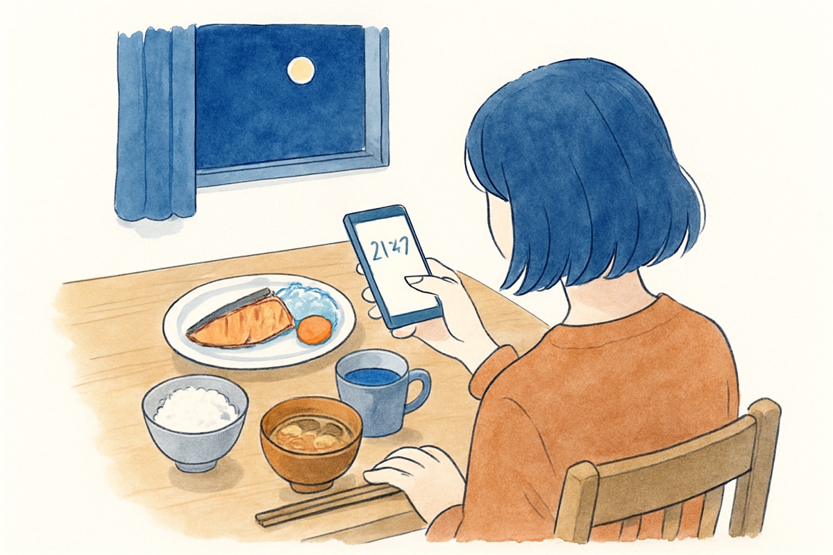 夜のリビングで帰宅の遅い夫を待ちながらスマホを見る女性の手元