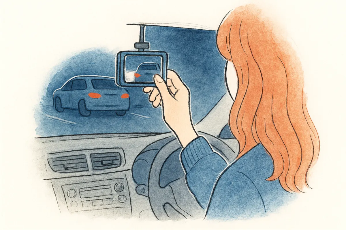 夜の駐車場で車のダッシュボードを見つめる女性の手元