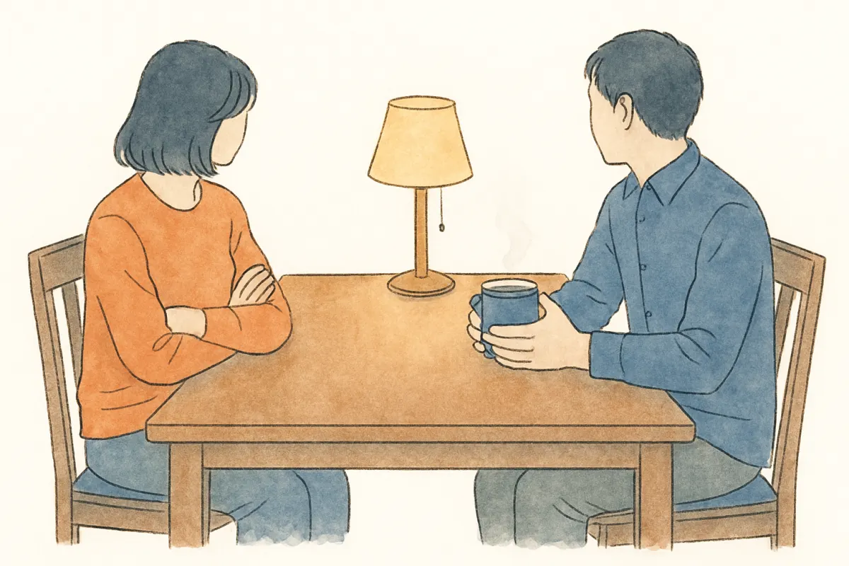 夜のダイニングテーブルを挟んで向かい合う夫婦の手元