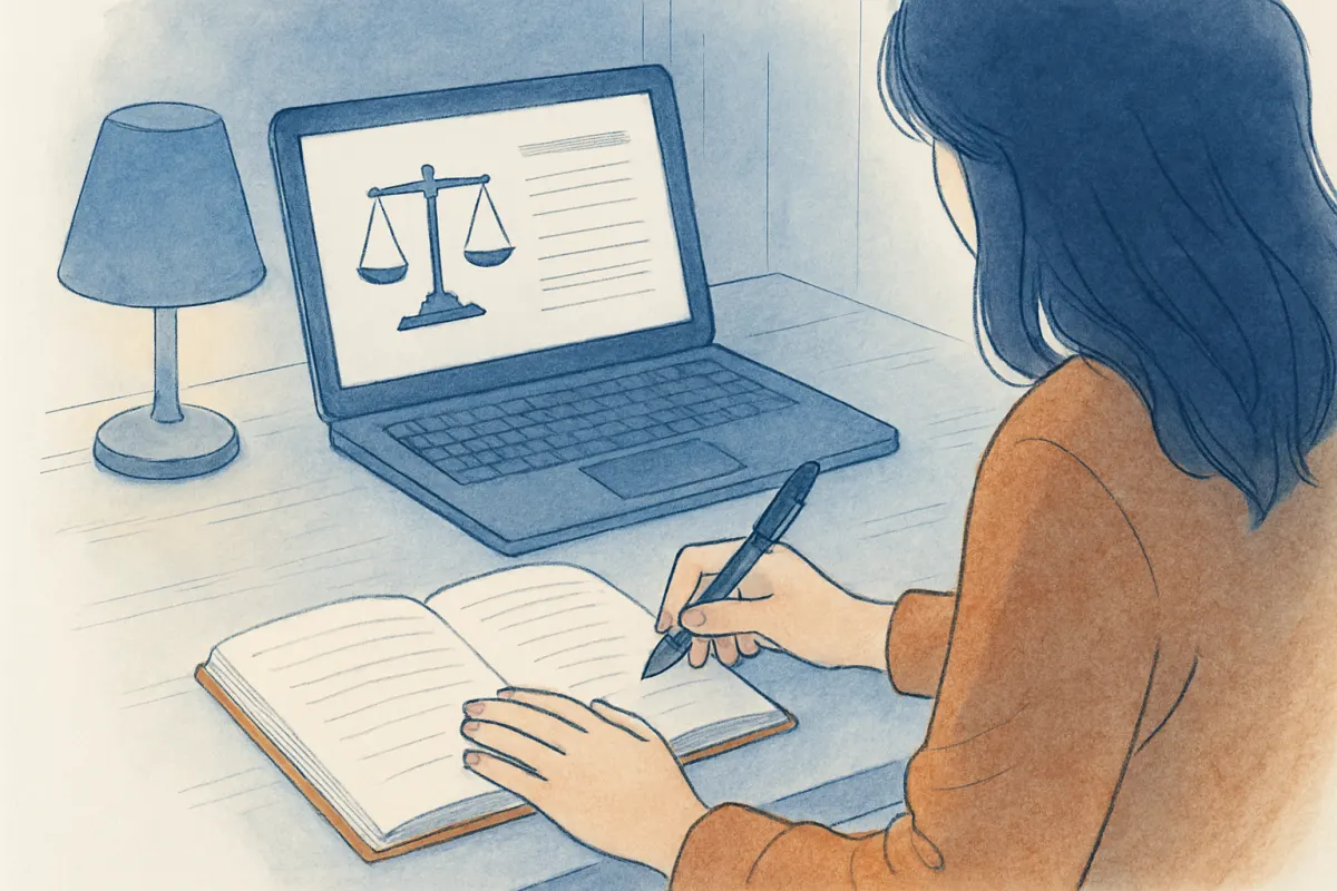 探偵業法について調べながらメモを取る様子