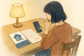 夜の部屋で探偵社の契約書類とスマホを前に考え込む女性の手元