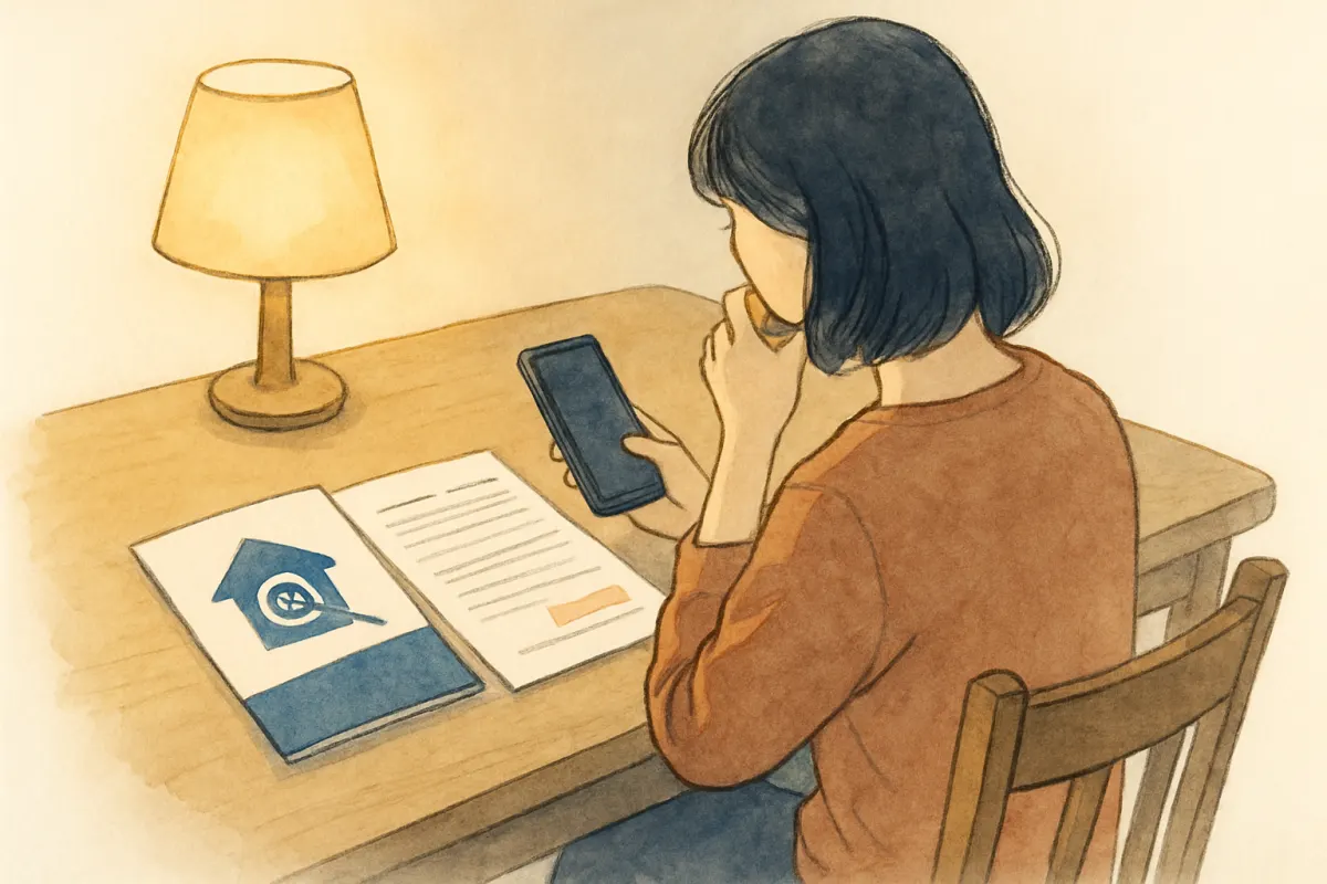 夜の部屋で探偵社の契約書類とスマホを前に考え込む女性の手元