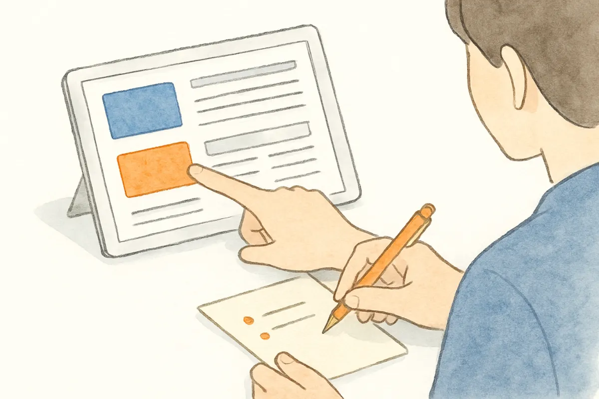 警戒したい表示を書き留める手元
