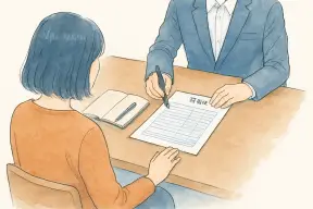 相談室のテーブルで料金見積もりの書類を挟んで説明を受ける依頼者の手元
