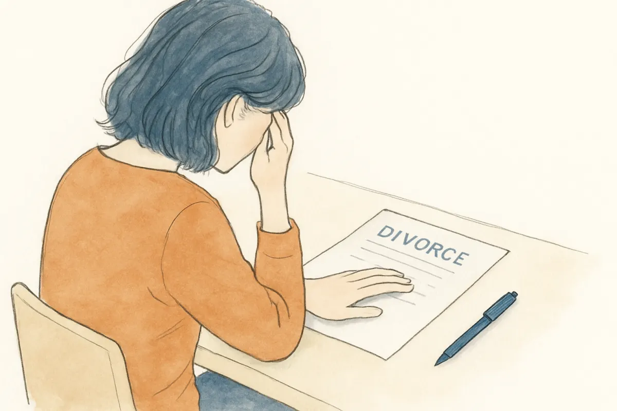 書類を前に離婚を決意した表情で考え込む女性の手元