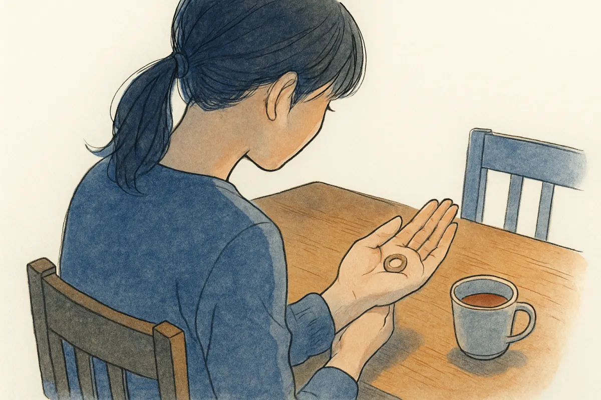 夜のテーブルで、外した結婚指輪を手のひらに載せて見つめる女性の手元