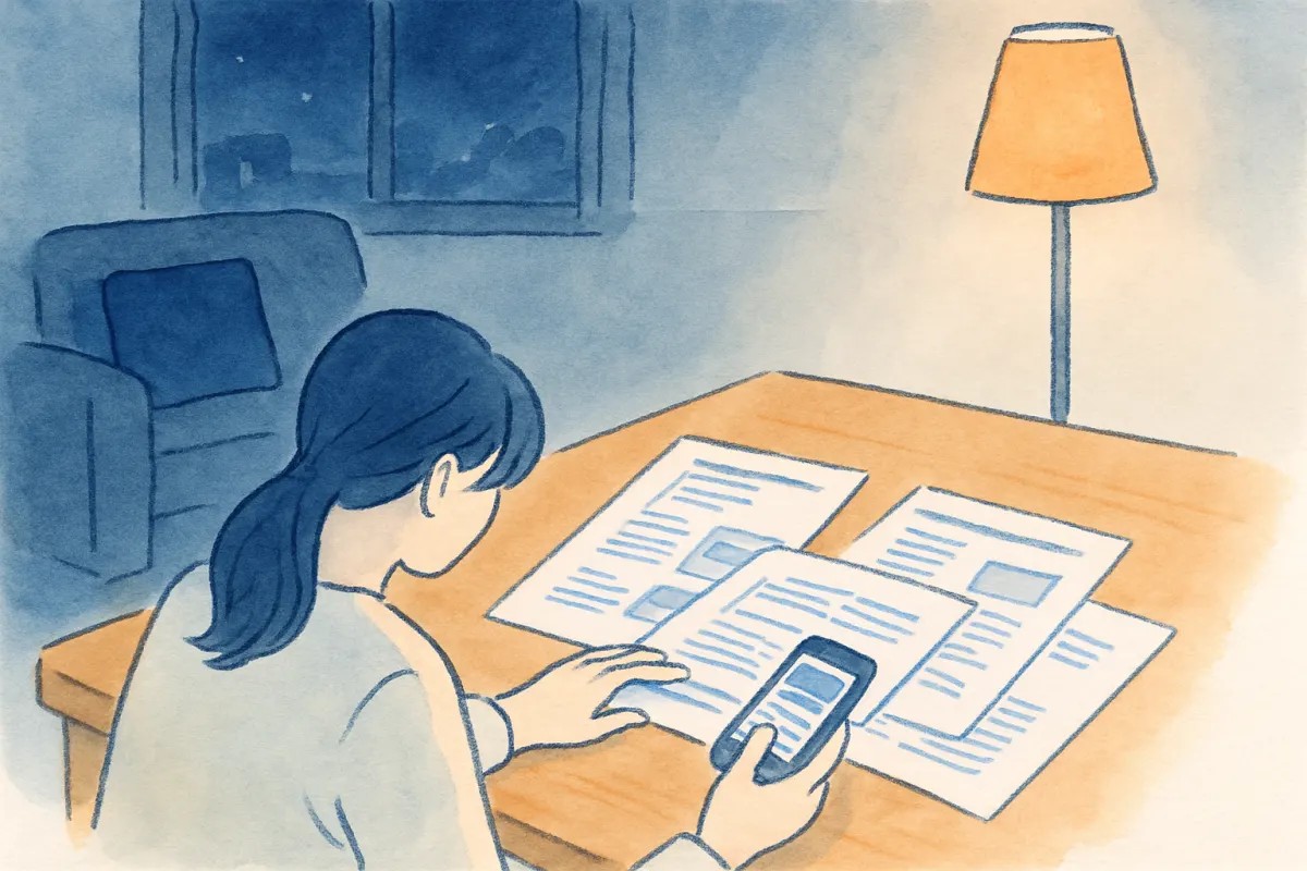 離婚の進め方を書類とスマホで調べて整理する様子