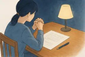 夜のダイニングで離婚届の用紙を前に考え込む女性の手元