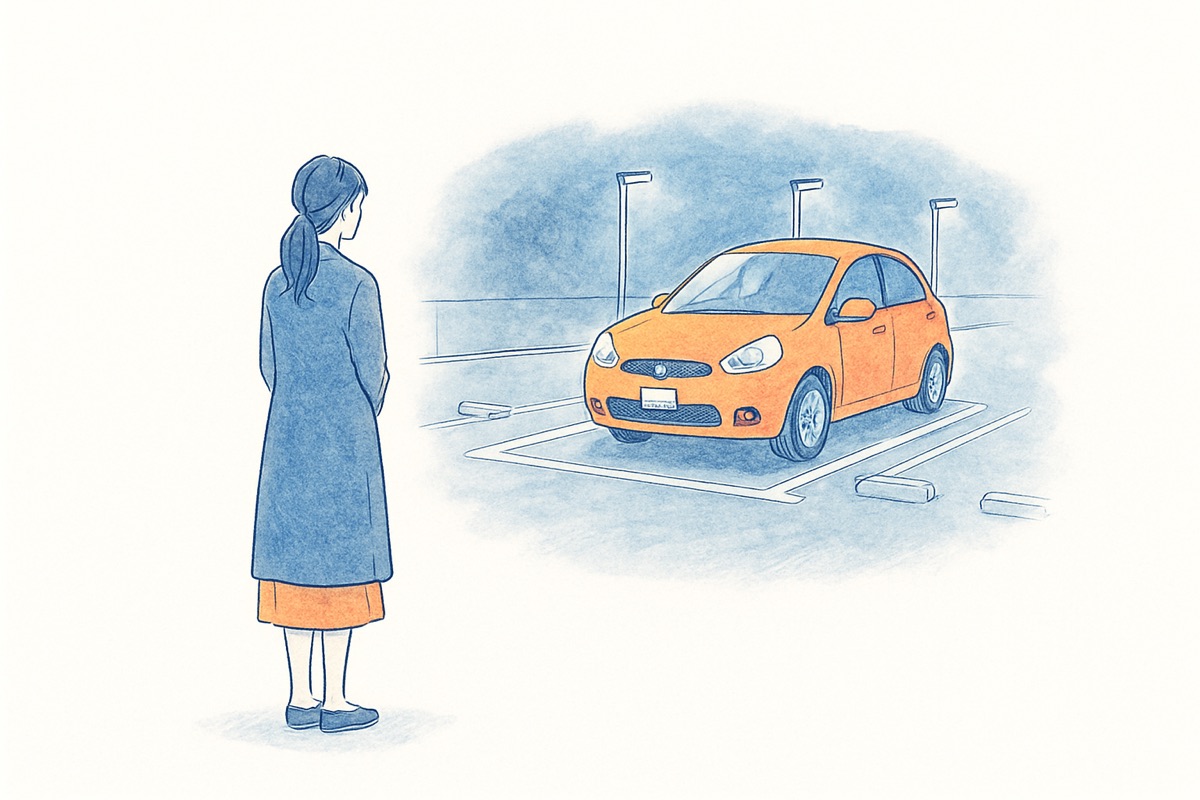 夜の駐車場で車を遠くから見つめる女性の後ろ姿