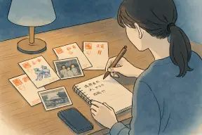 夜のテーブルで古い手紙や写真を前にノートへ手がかりを書き出す女性の手元